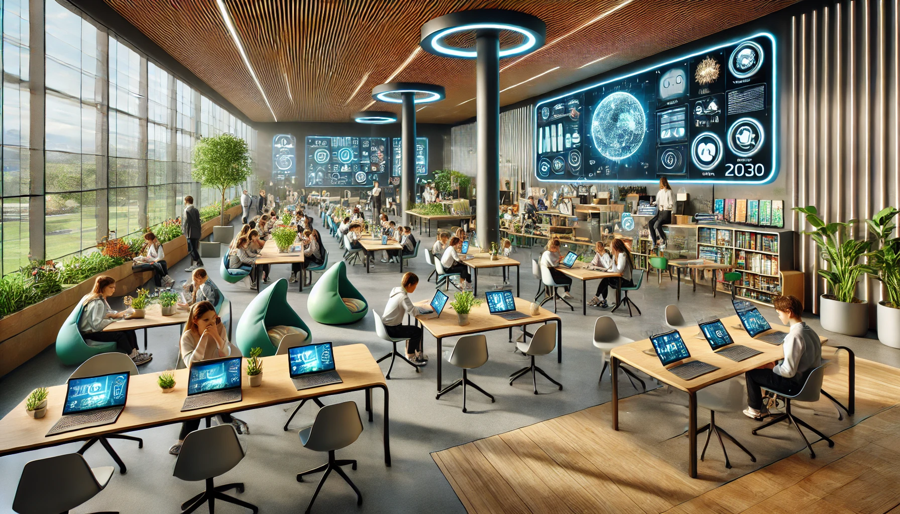DALL·E 2024-06-24 23.03.22 - A futuristic and appealing learning environment in a school in the year 2030. The classroom is spacious and filled with natural light. There are flexi